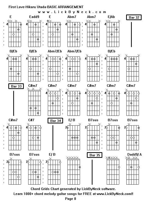 Chord Grids Chart of chord melody fingerstyle guitar song-First Love-Hikaru Utada-BASIC ARRANGEMENT,generated by LickByNeck software.